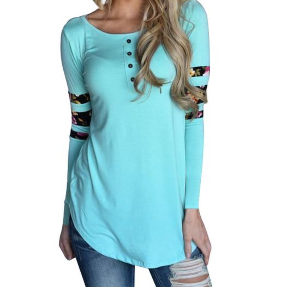 Bright Blue Shirt With Floral Stripe sleeve. Very Soft